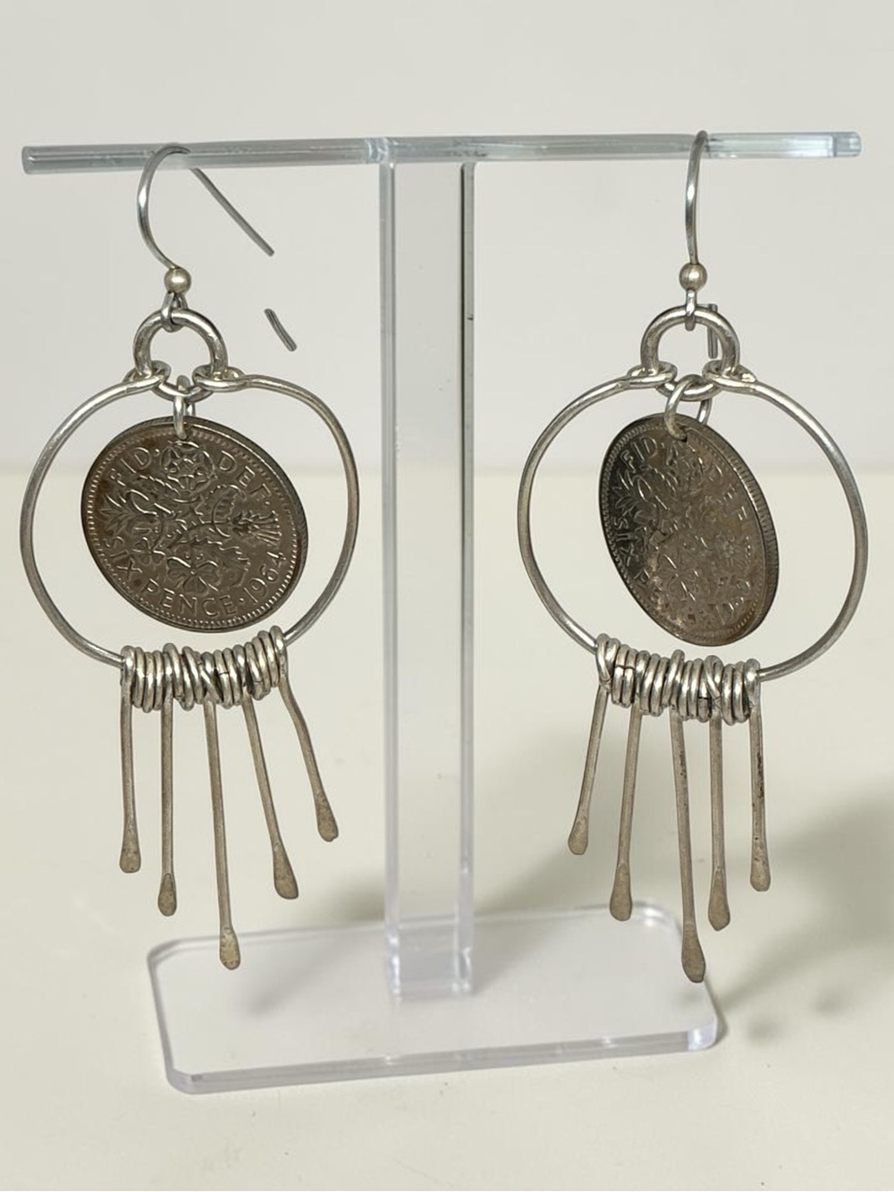 Vintage British Sixpence Coin Dangle Earrings, Handmade Fringe Wire Hoops